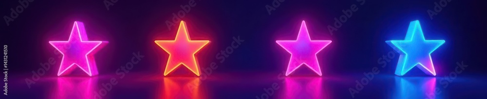 Four vibrant neon stars glow intensely against a dark background , glowing, decoration, bright Four vibrant neon stars glow intensely against a dark background , glowing, decoration, bright