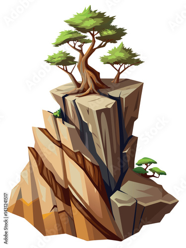 Tree on cliff. Stone cliff land greenery. Lonely tree on big stone mountain cliff. Large solid rock peak landscape. Mountain headland cartoon game asset object, vector isolated on white background.