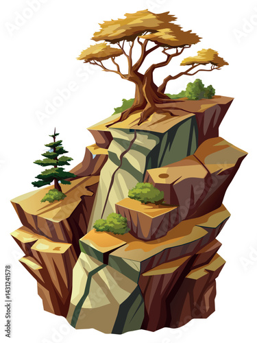 Tree on cliff. Stone cliff land greenery. Lonely tree on big stone mountain cliff. Large solid rock peak landscape. Mountain headland cartoon game asset object, vector isolated on white background.