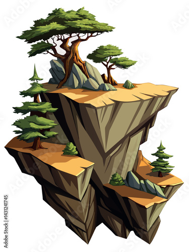 Tree on cliff. Stone cliff land greenery. Lonely tree on big stone mountain cliff. Large solid rock peak landscape. Mountain headland cartoon game asset object, vector isolated on white background.
