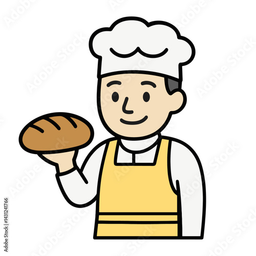 パンを持った笑顔のパン職人のフラットイラスト Flat illustration of a smiling baker holding a loaf of bread  