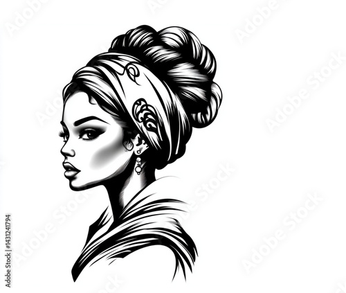 Sophisticated woman with patterned headwrap and earrings in black and white against a white background