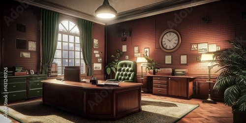 A retro-inspired workspace with an impressive large desk.