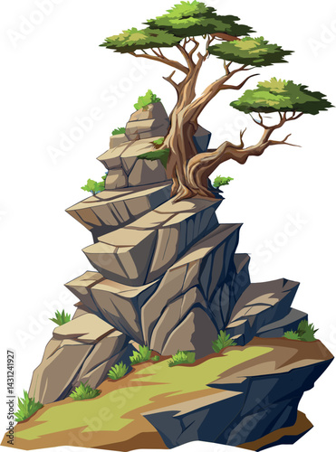 Tree on cliff. Stone cliff land greenery. Lonely tree on big stone mountain cliff. Large solid rock peak landscape. Mountain headland cartoon game asset object, vector isolated on white background.