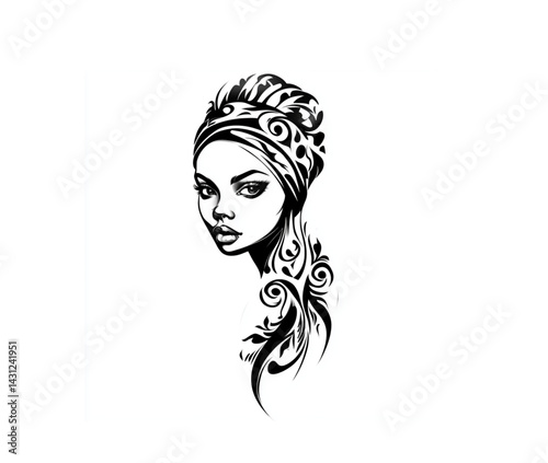  Introspective woman with patterned headwrap in black and white against a white background