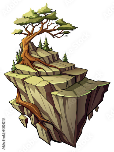 Tree on cliff. Stone cliff land greenery. Lonely tree on big stone mountain cliff. Large solid rock peak landscape. Mountain headland cartoon game asset object, vector isolated on white background.