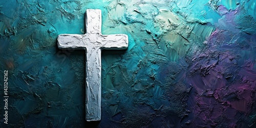 White cross on textured colorful background represents faith and spirituality in modern art photo