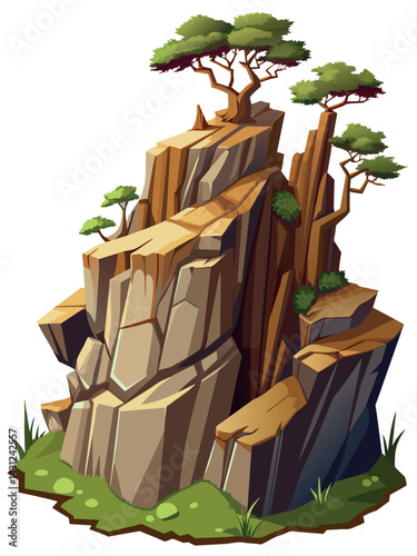 Tree on cliff. Stone cliff land greenery. Lonely tree on big stone mountain cliff. Large solid rock peak landscape. Mountain headland cartoon game asset object, vector isolated on white background.
