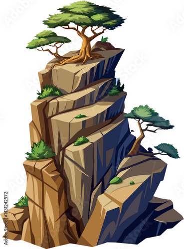 Tree on cliff. Stone cliff land greenery. Lonely tree on big stone mountain cliff. Large solid rock peak landscape. Mountain headland cartoon game asset object, vector isolated on white background.