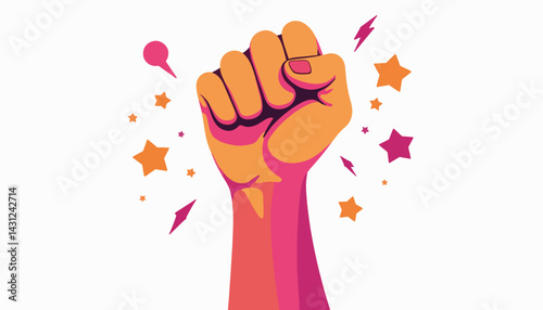 Fist raised in protest for women's rights, empowerment and strength