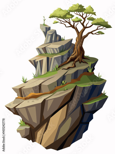 Tree on cliff. Stone cliff land greenery. Lonely tree on big stone mountain cliff. Large solid rock peak landscape. Mountain headland cartoon game asset object, vector isolated on white background.