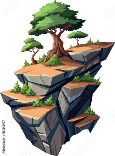 Tree on cliff. Stone cliff land greenery. Lonely tree on big stone mountain cliff. Large solid rock peak landscape. Mountain headland cartoon game asset object, vector isolated on white background.