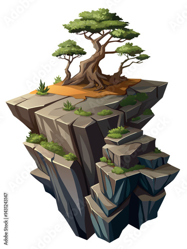 Tree on cliff. Stone cliff land greenery. Lonely tree on big stone mountain cliff. Large solid rock peak landscape. Mountain headland cartoon game asset object, vector isolated on white background.