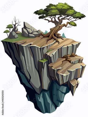 Tree on cliff. Stone cliff land greenery. Lonely tree on big stone mountain cliff. Large solid rock peak landscape. Mountain headland cartoon game asset object, vector isolated on white background.