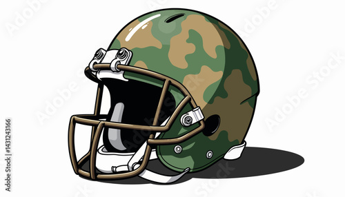 Camouflage football helmet design on white background, rugged symbolism
