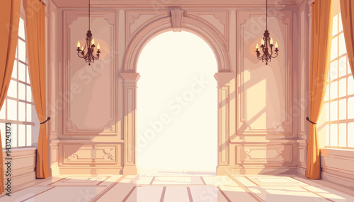Elegant ballroom arch with soft lighting, minimalistic design