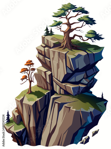 Tree on cliff. Stone cliff land greenery. Lonely tree on big stone mountain cliff. Large solid rock peak landscape. Mountain headland cartoon game asset object, vector isolated on white background.