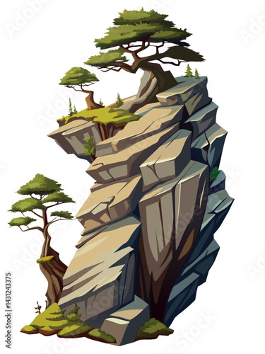 Tree on cliff. Stone cliff land greenery. Lonely tree on big stone mountain cliff. Large solid rock peak landscape. Mountain headland cartoon game asset object, vector isolated on white background.