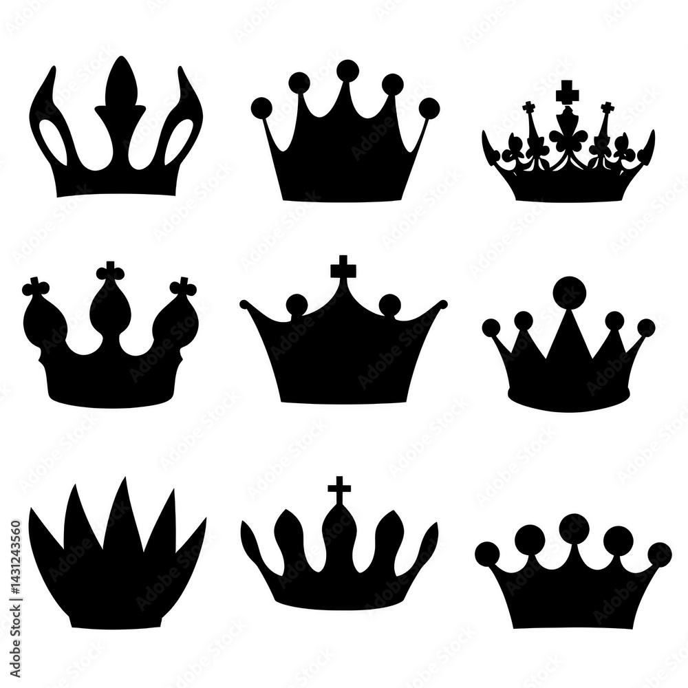 Various black crown silhouettes in different styles and shapes are arranged in grid pattern, showcasing regal and elegant designs Various black crown silhouettes in different styles and shapes are arranged in grid pattern, showcasing regal and elegant designs