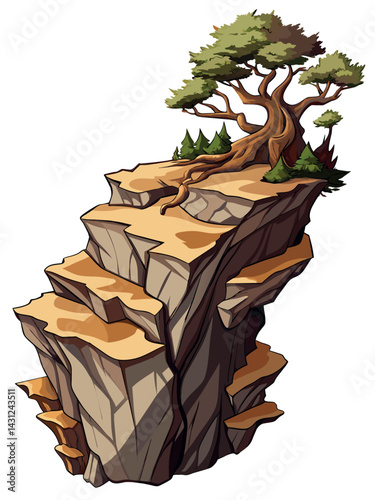 Tree on cliff. Stone cliff land greenery. Lonely tree on big stone mountain cliff. Large solid rock peak landscape. Mountain headland cartoon game asset object, vector isolated on white background.