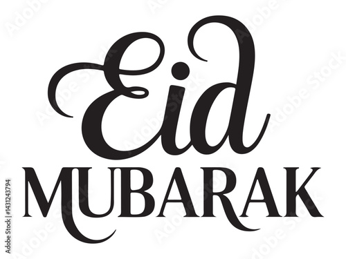 Elegant Black and White Eid Mubarak Calligraphy Design. Islamic Festival Greeting Typography for Celebrations, Cards, Posters, and Invitations.