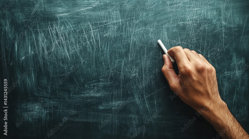 Fototapeta premium A manâ€™s hand writes on a blackboard using white chalk in a teaching scenario