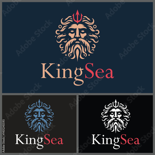 King sea face head trident silhouette logo set design template