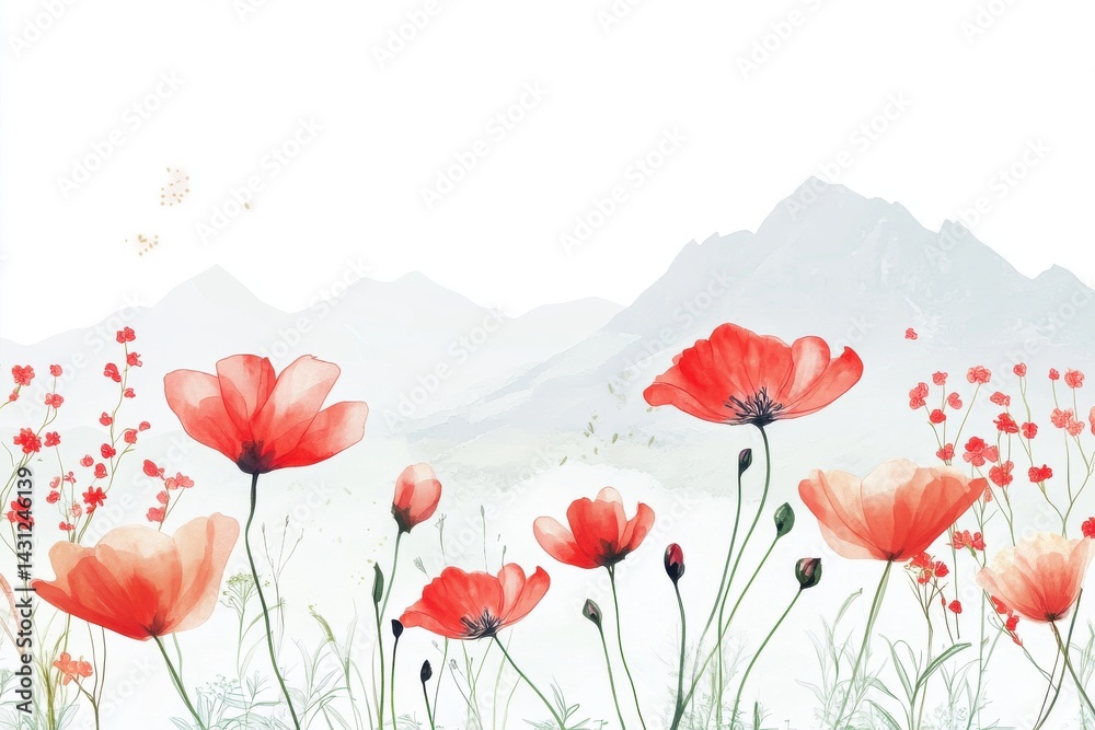 Obraz premium Elegant Watercolor Poppies Mountain Landscape Painting Art Print Red Soft Scene Image Floral Nature 