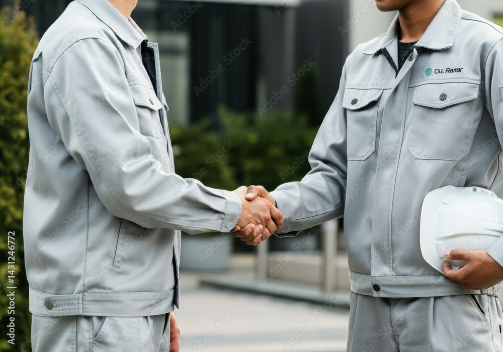Fototapeta premium Two construction workers in uniforms shake hands, symbolizing agreement