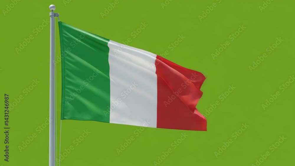 Italy flag waving in mid air, tied on a white pole againts isolated green background