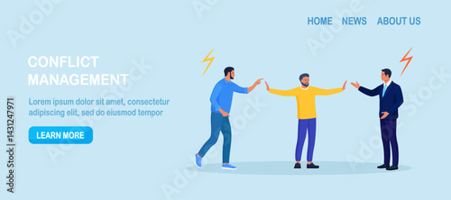 Conflict management. Man stopping conflict or fighting. Leadership skill to compromise and solving argument problem. Disagreement communication, negotiation. Business deal conversation