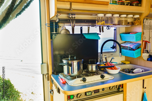Caravan inside, kitchen area