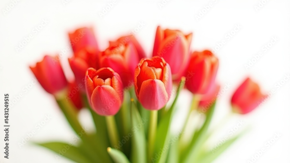 Fototapeta premium A stunning bouquet of vibrant red tulips with soft orange hues and green leaves on a white background – floral macro photography