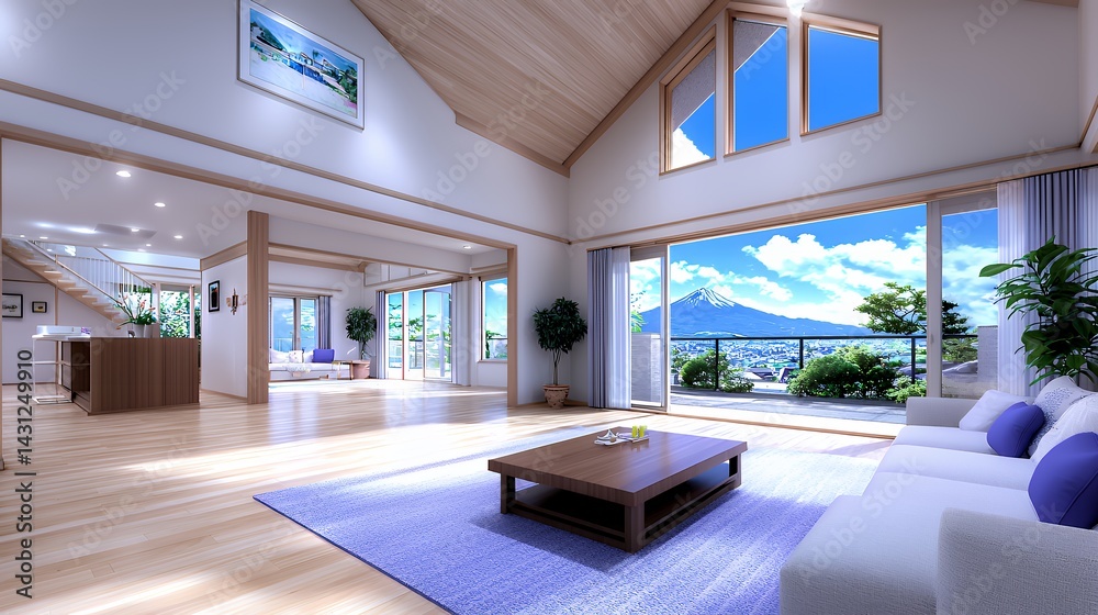 Fototapeta premium Modern living space overlooking mt fuji