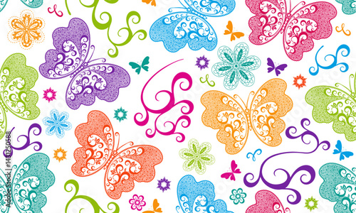 Vector hand drawn seamless pattern with fantasy colorful openwork butterflies and flowers on transparent background. For packaging, wallpaper, textiles