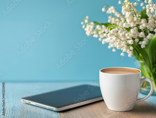 cozy home office scene featuring white coffee cup beside laptop, with bouquet of fresh lilies of valley in green vase, creating serene and inviting atmosphere