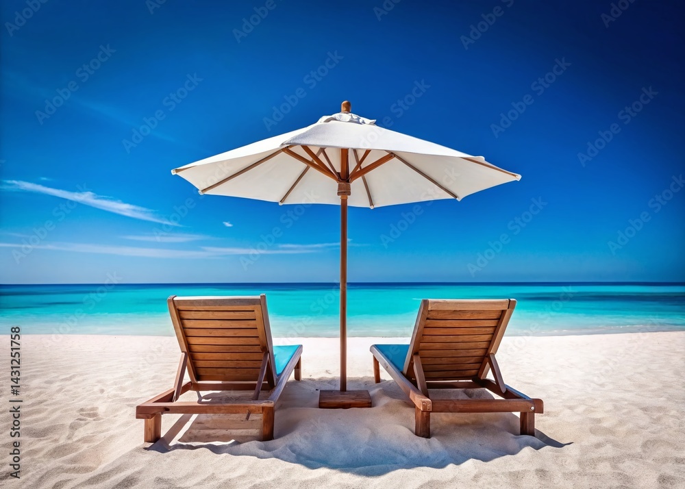 Fototapeta premium Minimalist Beach Scene: Two Sun Loungers, Azure Ocean, Clear Sky