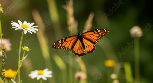 Butterfly Flying Among Wildflowers in Summer Meadow