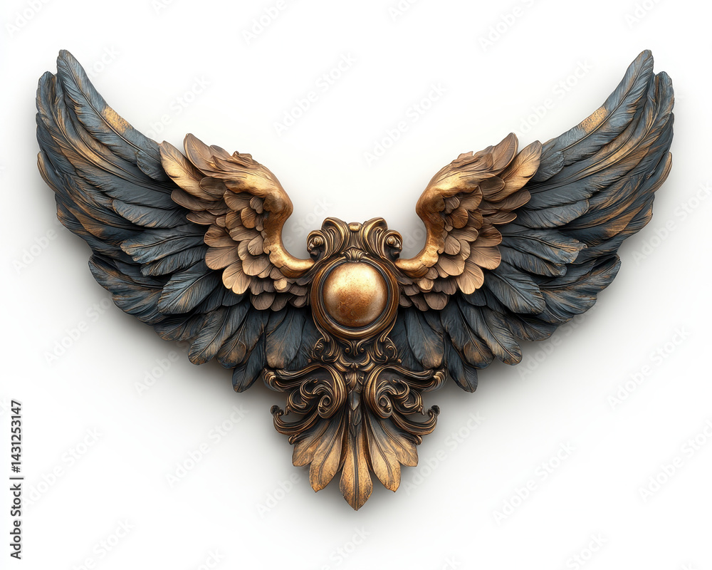 Naklejka premium Winged Emblem with Ornate Gold and Bronze Design Isolated on White Background