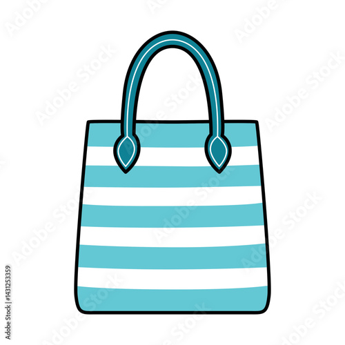 Blue and white striped handbag illustration, ideal for summer, travel, beach, shopping, and fashion projects. Modern and playful accessory clipart.