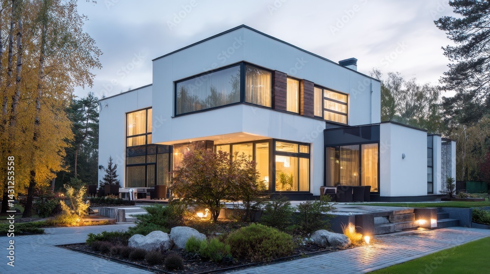 Fototapeta premium Modern architectural home with illuminated garden at twilight creating an inviting and luxurious atmosphere with beautiful outdoor landscape and contemporary design