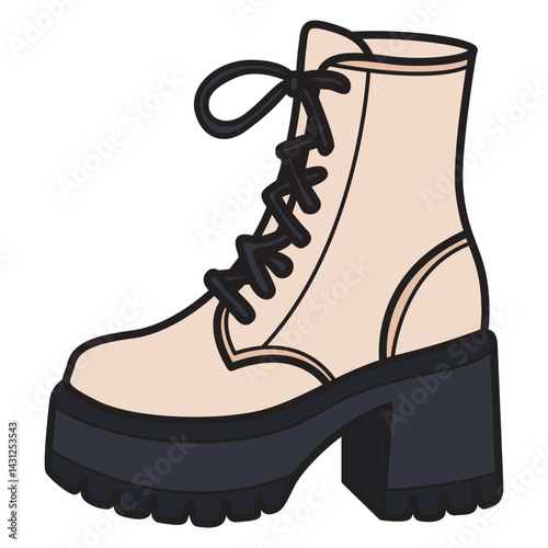 Trendy beige lace-up boot with thick black sole and heel, ideal for modern fashion, footwear designs, and stylish autumn or winter projects.