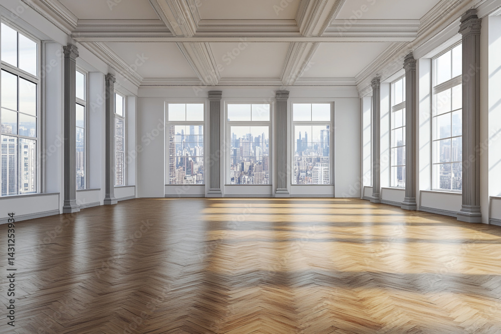 Fototapeta premium Sunlit empty room with hardwood floors large windows and city view