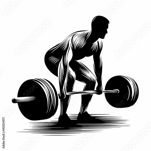 Strong man lifting barbell in dynamic black-and-white illustration  
