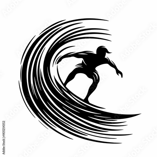 Surfer Riding Wave in Dynamic Black Silhouette Style  