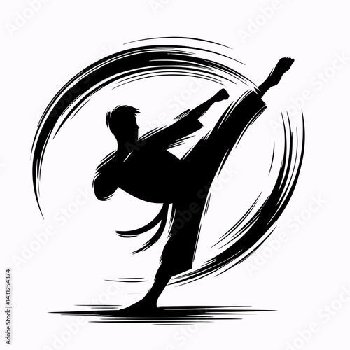  silhouette of a Karate fighter kicking