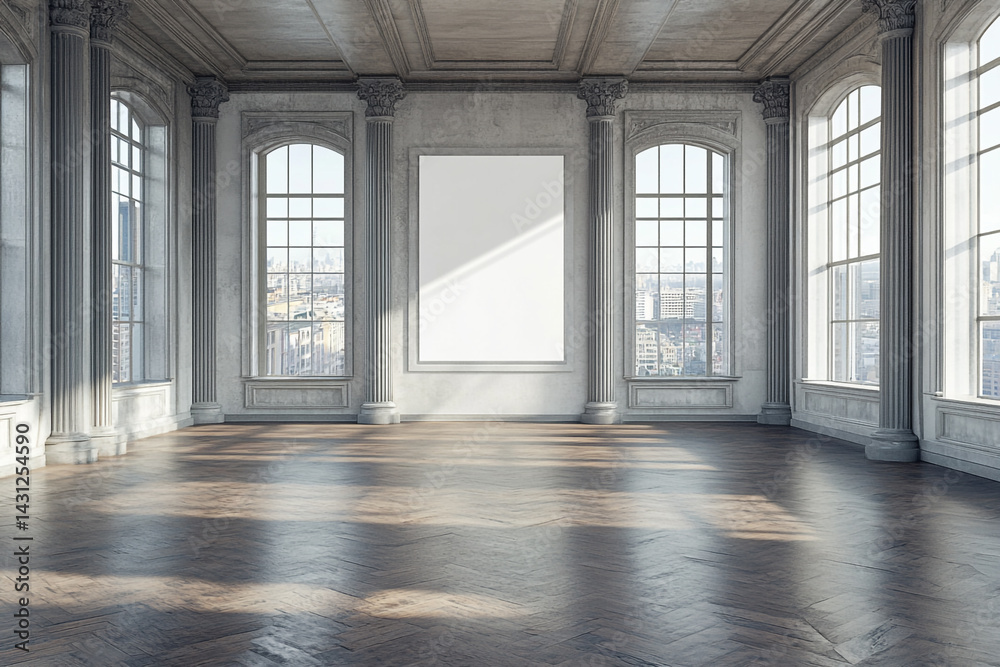 Elegant empty room with large windows and hardwood floors a blank canvas for design Elegant empty room with large windows and hardwood floors a blank canvas for design