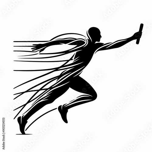 Silhouette of a runner exchanging a baton in motion  