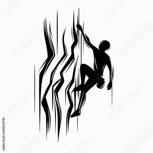 Climber ascending rock face in dynamic black silhouette art  