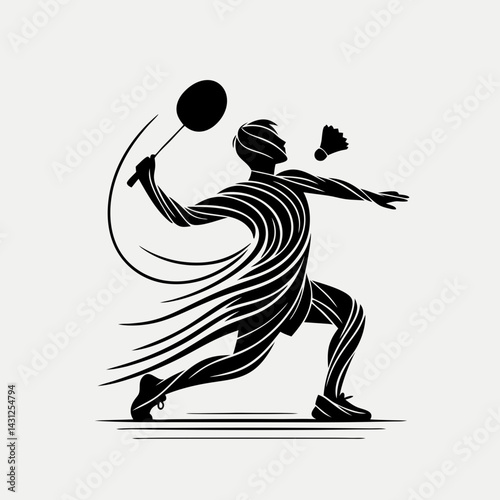 Badminton player in action hitting shuttlecock on a simple background  